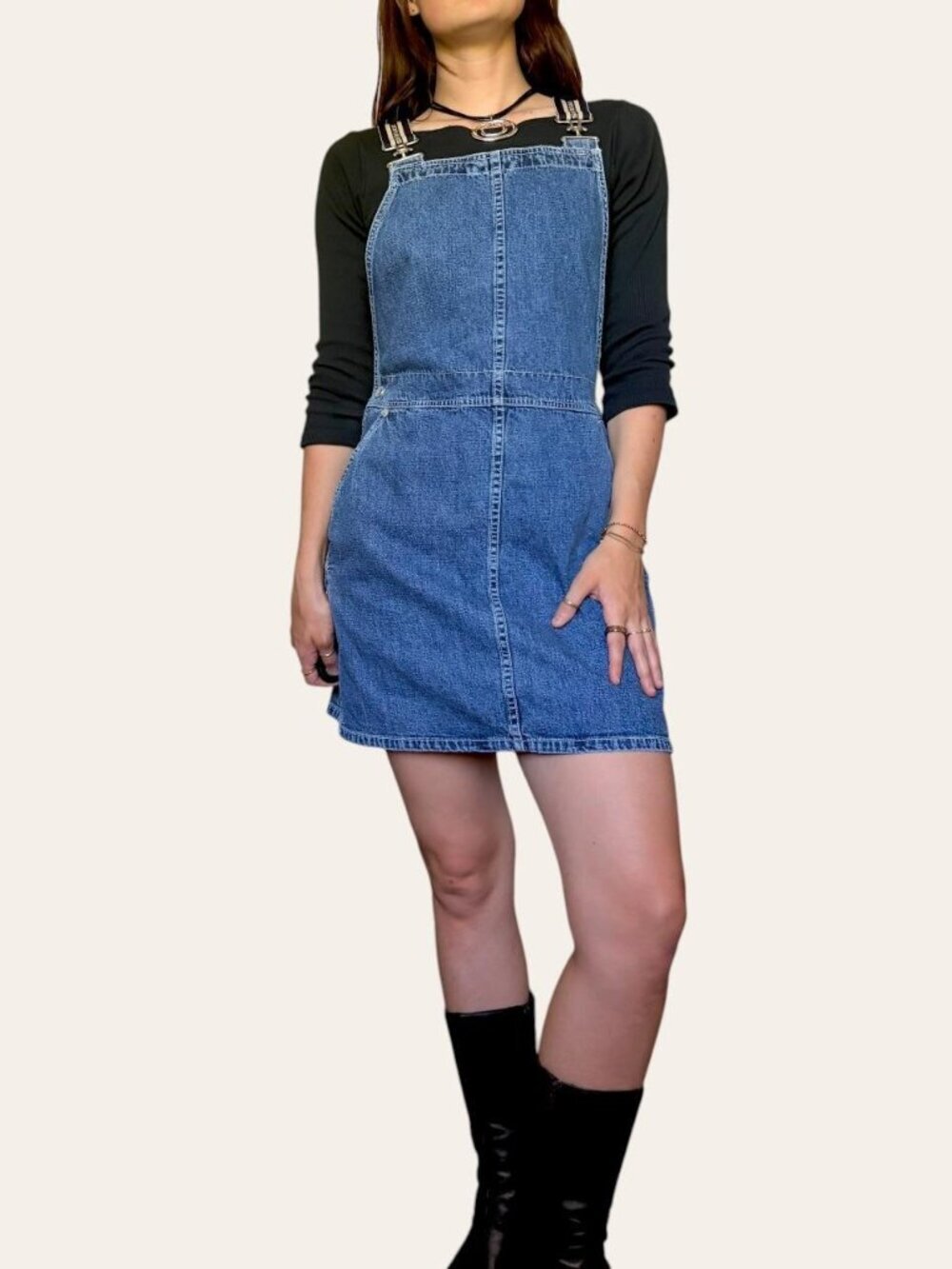 90s/y2k vintage DKNY denim logo strap mini overall dress - Small/Medium